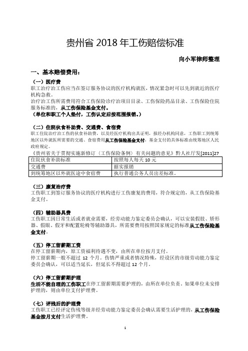 2018年贵州省工伤赔偿标准(向小军律师)