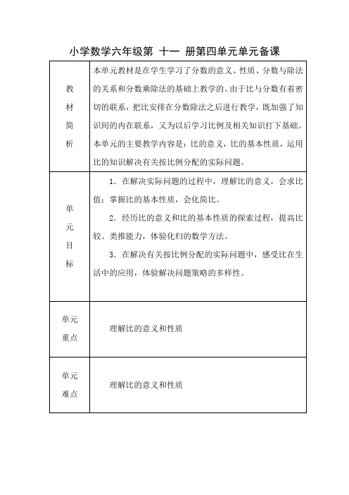 2016青岛版六年级数学上册第四单元单元备课教案及教学反思