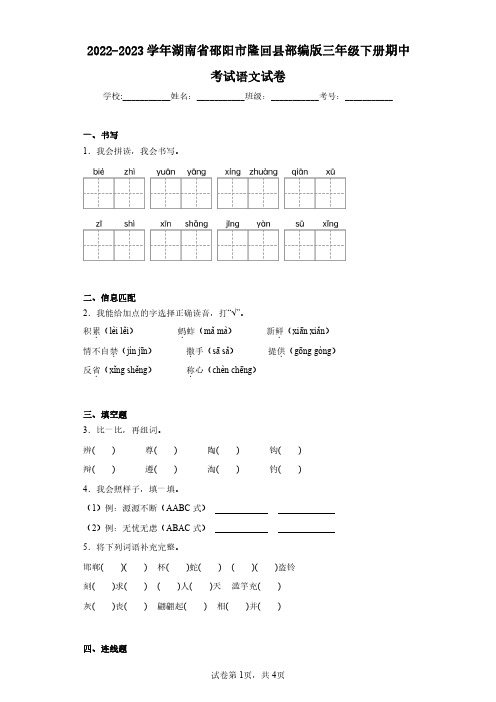 2022-2023学年湖南省邵阳市隆回县部编版三年级下册期中考试语文试卷(含答案解析)