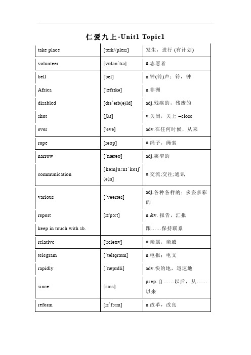 仁爱版九年级上册英语-Unit1：Topic1单词汇总+知识梳理