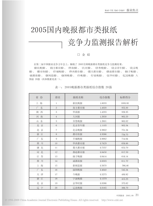 2005国内晚报都市类报纸竞争力监测报告解析