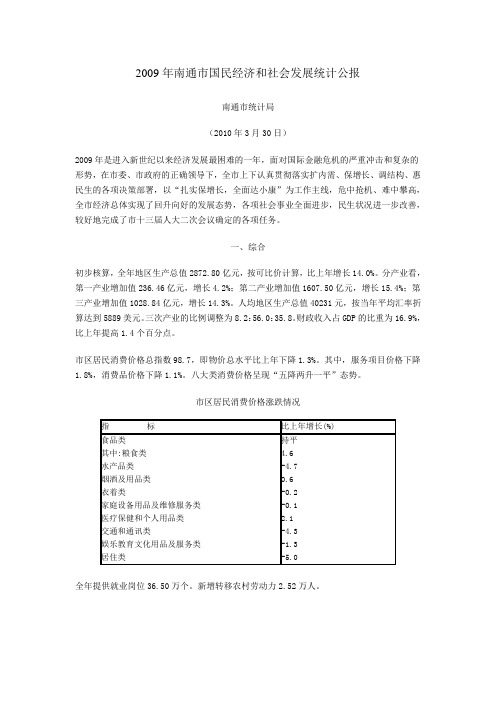 2009年南通市国民经济与社会发展统计公报