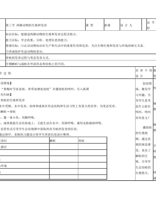 八年级生物下册第七单元第一章第三节两栖动物的生殖和发育教案新人教版