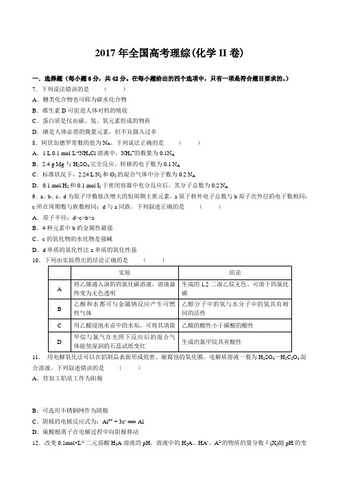 2017年高考全国理综 2卷  化学试题及参考答案