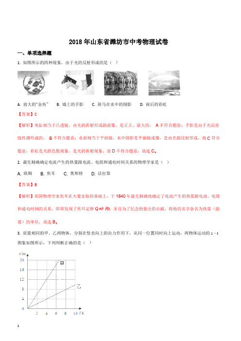 山东省潍坊市2018年中考物理试题及答案解析