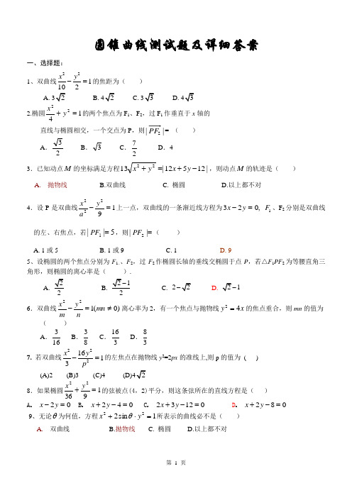 高二数学圆锥曲线测试题以及详细答案