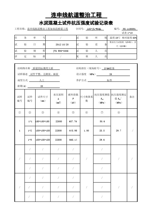 水泥混凝土试件抗压强度试验记录表