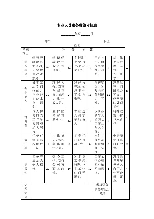 专业人员服务成绩考核表