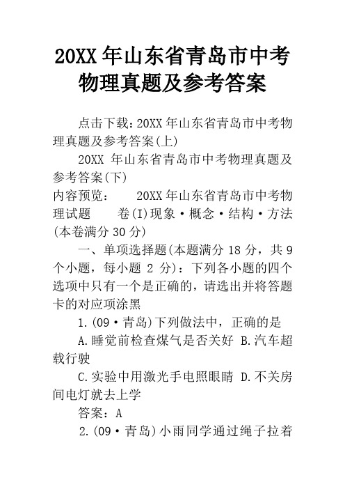 20XX年山东省青岛市中考物理真题及参考答案