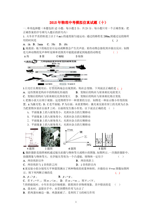 2015年物理中考模拟仿真试题及其答案(十)