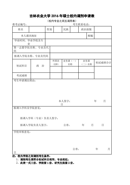 XX大学2016年硕士校内调剂申请表【模板】