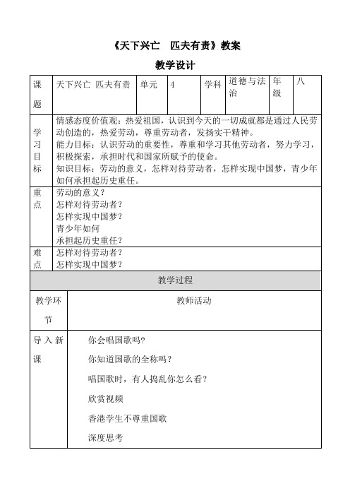 《天下兴亡  匹夫有责》教案-统编版版道德与法治八年级上册