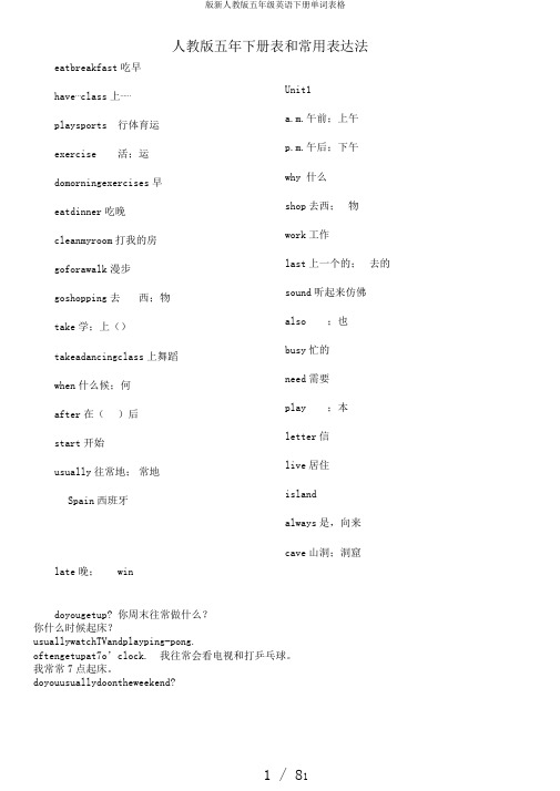 版新人教版五年级英语下册单词表格