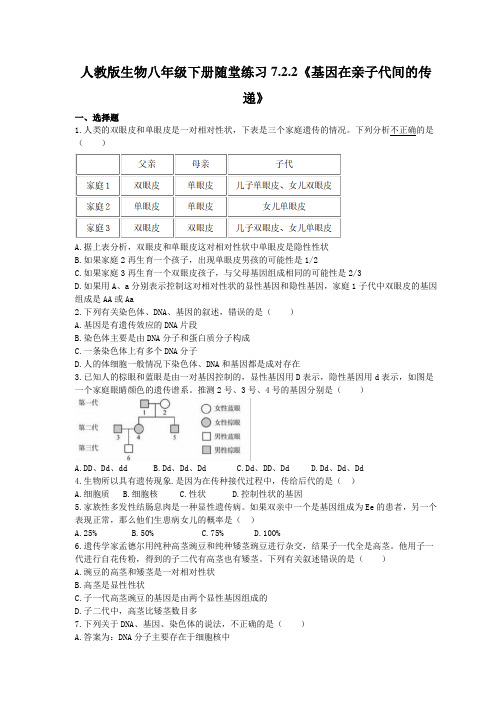 人教版生物八年级下册7.2.2《基因在亲子代间的传递》随堂练习(含答案)