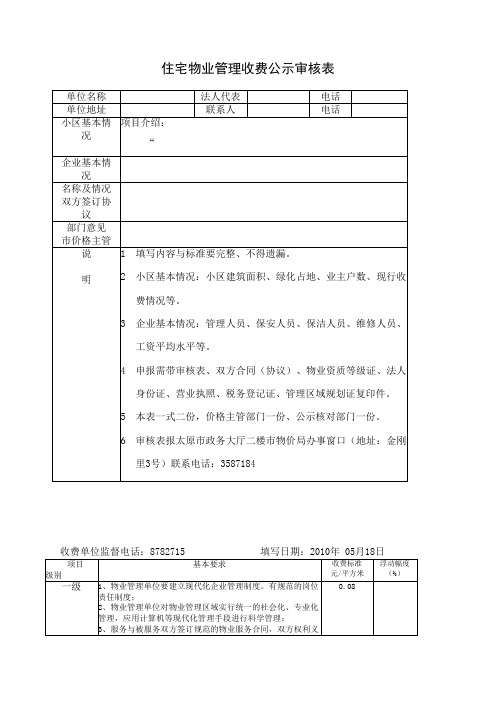 物业收费公示 住宅物业管理收费公示审核表