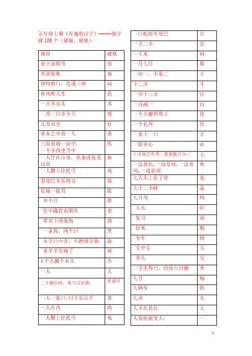 人教版五年级上册《有趣的汉字》-----猜字谜100个(谜面、谜底)