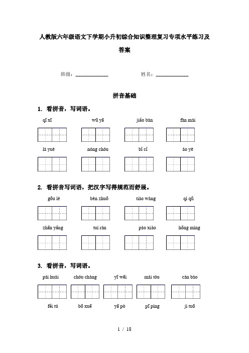 人教版六年级语文下学期小升初综合知识整理复习专项水平练习及答案