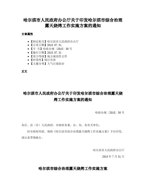 哈尔滨市人民政府办公厅关于印发哈尔滨市综合治理露天烧烤工作实施方案的通知