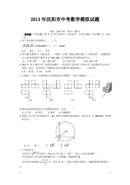 2013年沈阳市中考数学模拟试题及答案201349