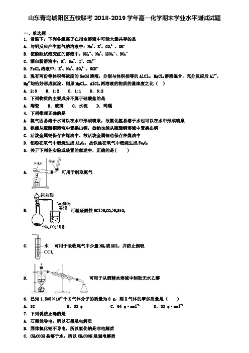 山东青岛城阳区五校联考2018-2019学年高一化学期末学业水平测试试题