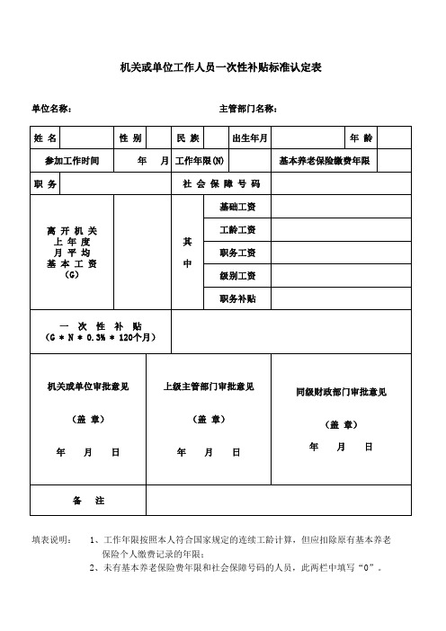 【实用表格模板】机关或单位工作人员一次性补贴标准认定表