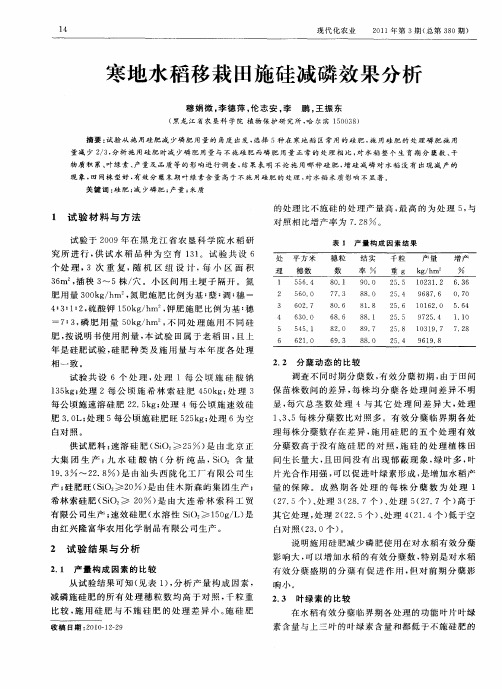 寒地水稻移栽田施硅减磷效果分析