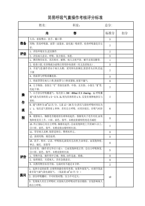 简易呼吸气囊操作考核评分标准