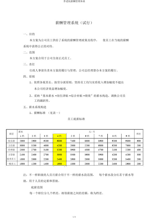 养老院薪酬管理体系