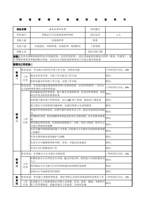 制鞋企业渠道管理科经理岗位说明书