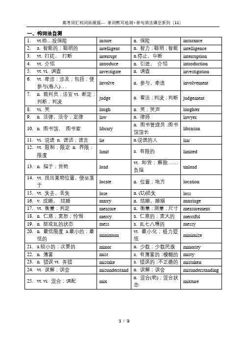 【高考词汇构词拓展默写+单句语法填空】【11】【教师版】