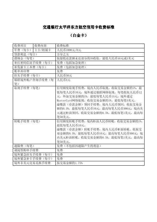 交通银行太平洋东方航空信用卡收费标准(白金卡)