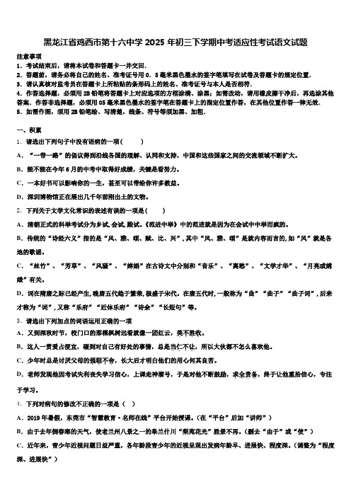 黑龙江省鸡西市第十六中学2025年初三下学期中考适应性考试语文试题含解析