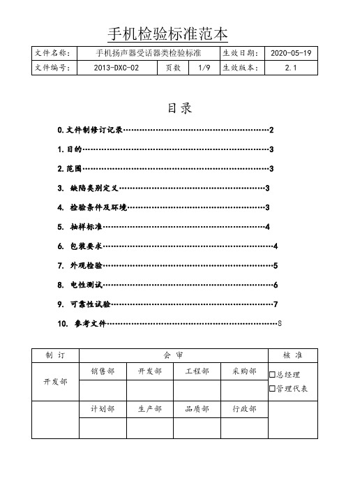 手机扬声器受话器类检验标准