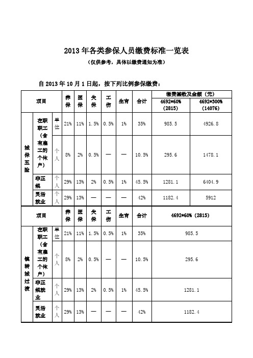 2013年各类参保人员缴费标准一览表