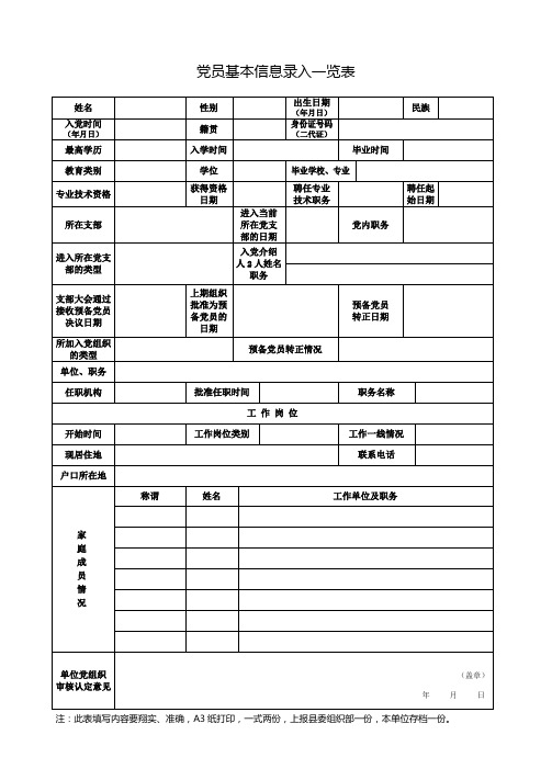 党员基本信息录入一览表