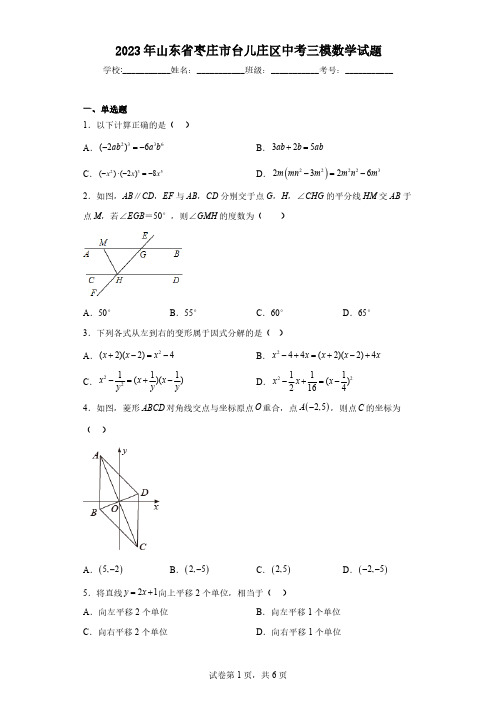 2023年山东省枣庄市台儿庄区中考三模数学试题(含解析)