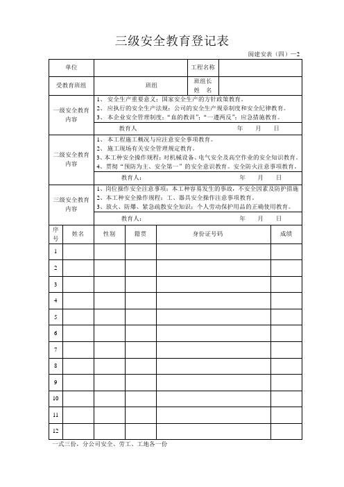 新三级安全教育登记表 Word 文档