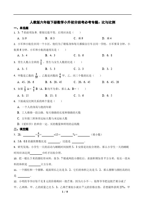 人教版六年级下册数学小升初分班考必考专题：比与比例