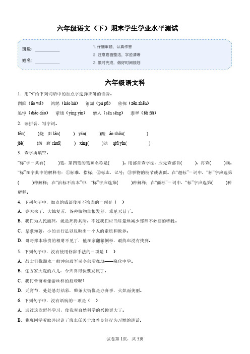 陕西省咸阳市泾阳县部编版六年级下册期末学业水平检测语文试卷