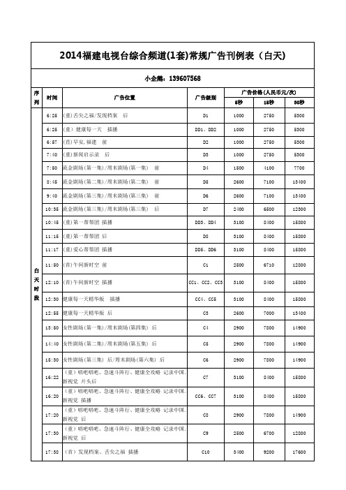 2014福建电视台综合频道常规广告刊例