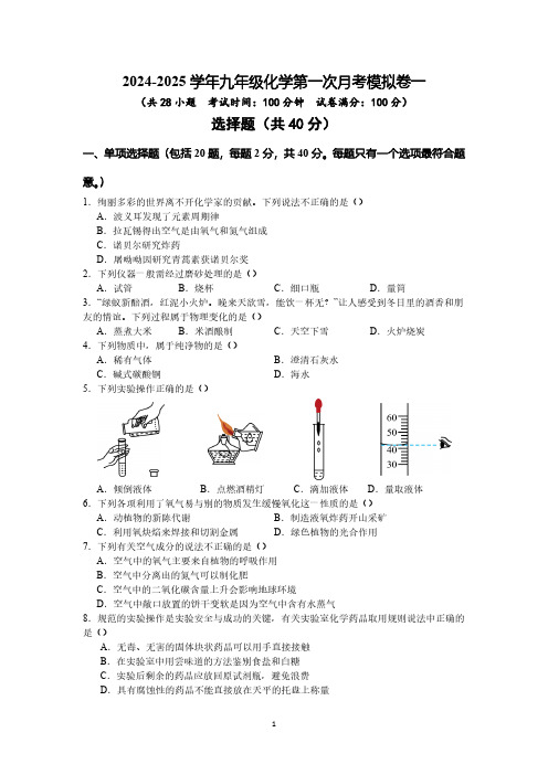 江苏省苏州市2024-2025学年九年级化学第一次月考模拟卷一(含解析)