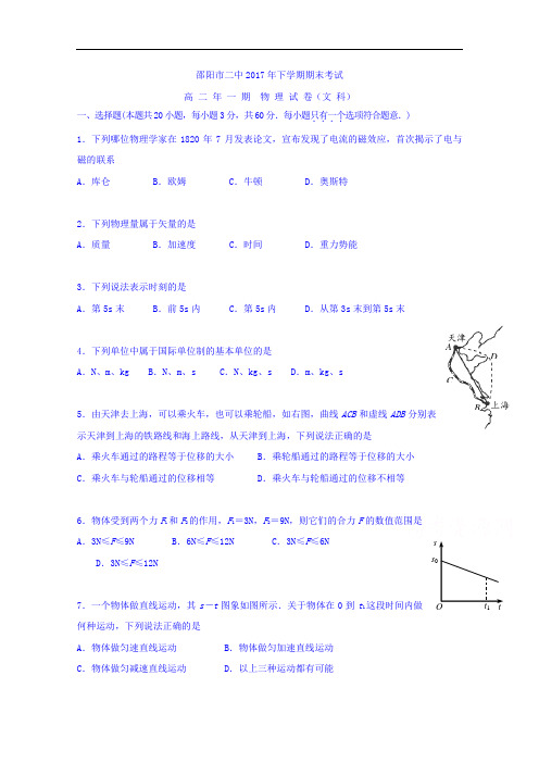 湖南省邵阳市第二中学高二上学期期末考试物理(文)试题