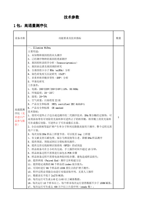 技术参数 1包：高通量测序仪 设备名称 功能要求及技术指标 数量 高通