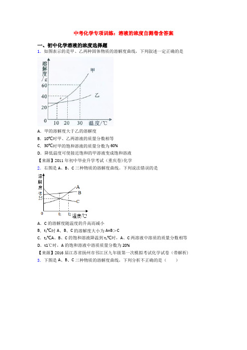 中考化学专项训练：溶液的浓度自测卷含答案