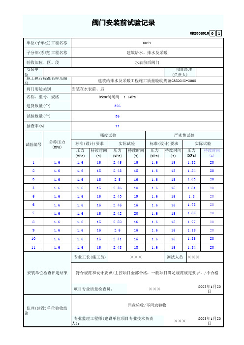 阀门安装前试验记录