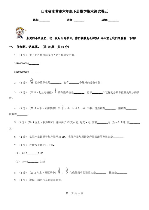 山东省东营市六年级下册数学期末测试卷五