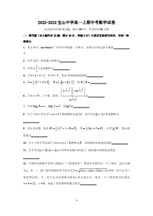 2022-2023上海宝山中学高一上学期期中数学试卷及答案