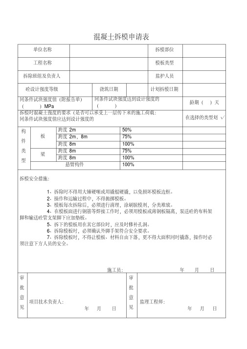 (完整版)混凝土拆模申请表