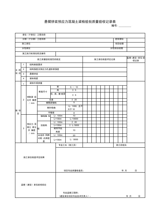 悬臂拼装预应力混凝土梁检验批质量验收记录表