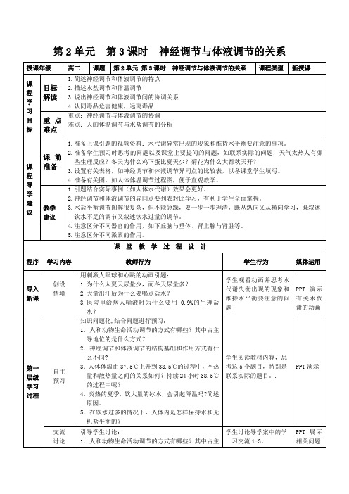 学年高二生物人教版必修3：2.3 神经调节与体液调节的关系 教案 Word版含答案